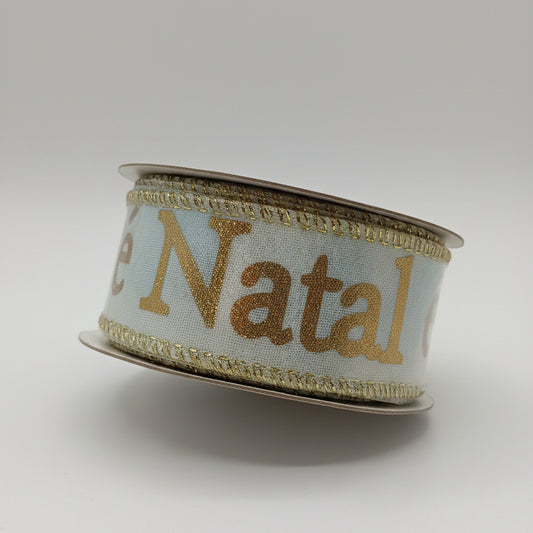 Fita Aramada "Então é Natal" 3,8 cm x 9,14 m – Linho Branco com Costura Dourada – FlorArte – Decoração e Laços Natalinos