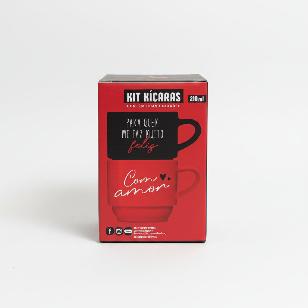 Kit Canecas Empilhadas Dupla em Porcelana 210ml — "Para Quem Me Faz Muito Feliz" | Brasfoot