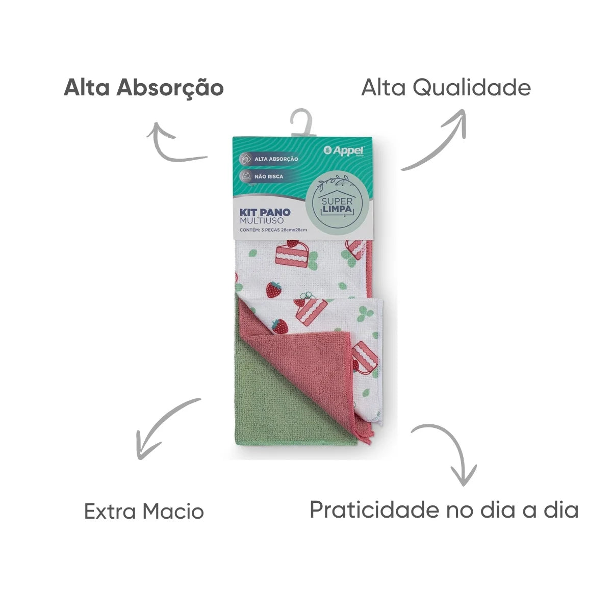 Kit Pano Multiuso Microfibra 28x28cm 3 Peças – Linha Super Limpa | Appel Home