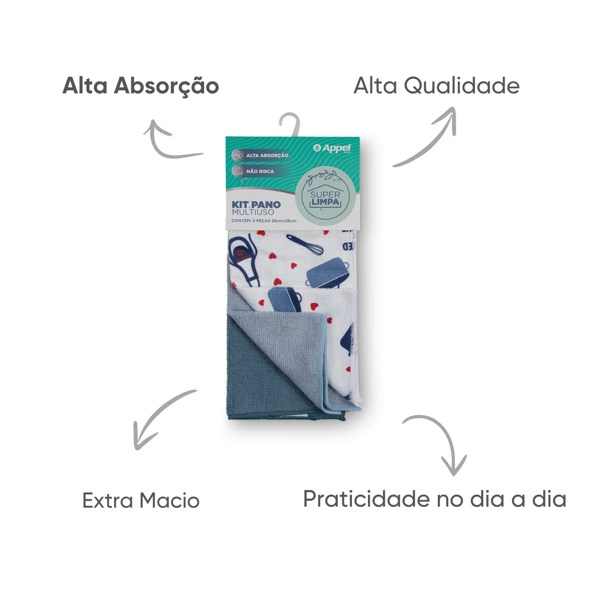 Kit Pano Multiuso Microfibra 28x28cm 3 Peças – Linha Super Limpa | Appel Home